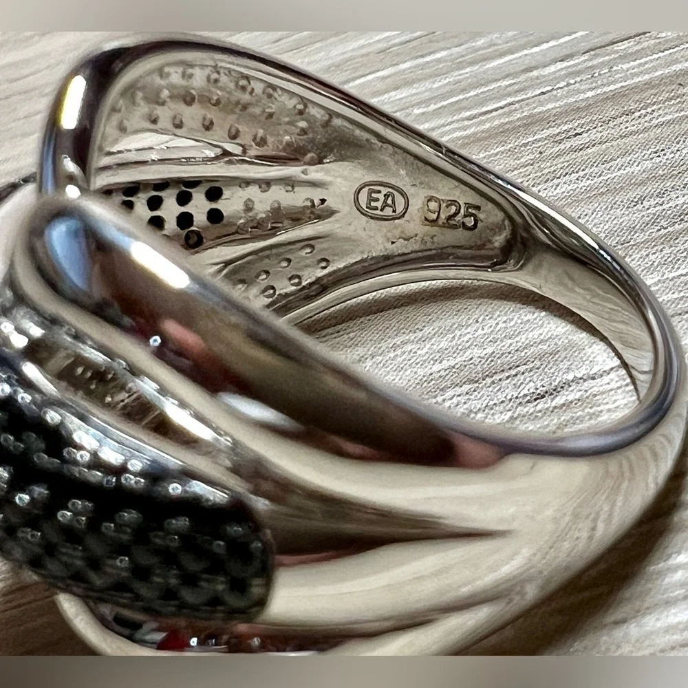Designer Signed EA Sterling Silver Pave Black Spinel Wide Band Ring, Size 6